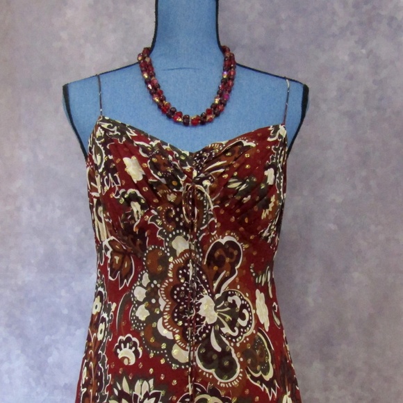 Ann Taylor 100% Silk Red Gold Glitter Slip Dress - Picture 2 of 6